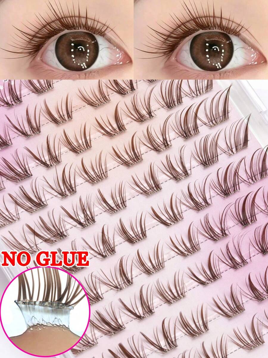 80pcs Pre-Glued Brown Conical False Eyelashes, Soft Fine Tapered Tips, Natural Cat Eye Lash Extension Effect, Lightweight Self-Adhesive Cluster, Suitable For Casual Social Dating, Commuting And Various Daily Needs - C - View 1