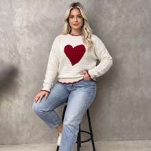 Plus Size Women's Cute Cable Knit Heart Sweater, Drop Shoulder Long Sleeve Crew Neck Knit Top, Soft Slim Fit Pullover - White - View 2