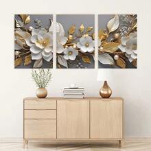3pcs/Set Painting, White And Gold Flower Design, High Quality Printing, Canvas Poster, Home Decor, Gift, Unframed - Floral - View 3