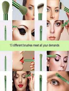 14pcs Makeup Brush Set, Includes 13 Individual Makeup Brushes, Suitable For Blush, Liquid Lipstick, Eyebrow Pencil, Lip Gloss, Concealer, Eyeshadow, Highlighter, Contour, Foundation And Base, Perfect Gift For Girls. - Green - View 9