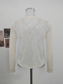 Cardigan Rajut Lengan Panjang Kancing Depan Leher V Gaya Korea, Atasan Crop Slim Fit yang Mengencangkan Pinggang untuk Wanita, Musim Semi/Gugur - Aprikot - View 7