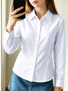 Teen Girls Classic Preppy Style Fitted White Long Sleeve Blouse, Suitable For School Activities, Parties, Performances And Formal Occasions - White - View 1