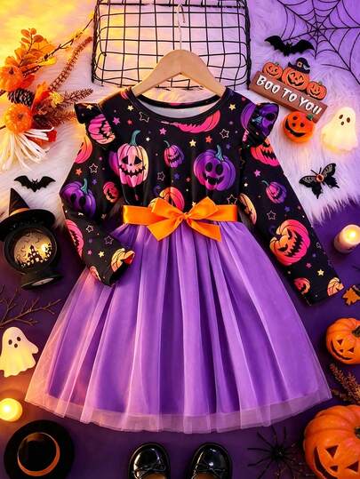 Girls Halloween Party Gradient Pumpkin & Purple Fluffy Tulle Skirt Long Sleeve Dress With Belt, Autumn Fashion Elegant Princess Dress, Halloween Gift & Outfit