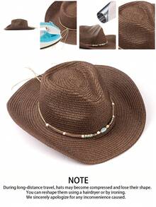 1 pieza Sombrero de paja bohemio de unicolor, casual, con banda de sombrero decorada con metal, versátil para todas las estaciones y desplazamientos - Sombrero con forma de lágrima - Ver 4