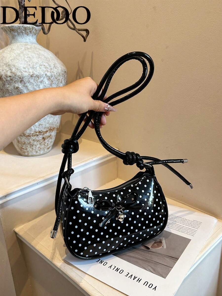 Dedoo 波點漆皮PU女款 Hobo 肩背包，蝴蝶結與愛心吊飾打結肩帶，拉鍊開合，Y2K復古小肩背包，適合日常約會