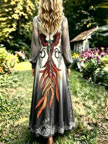 Plus Size Women's Gradient Phoenix Bohemian Style Maxi Dress, Long Puff Sleeve V-Neck Loose Fit Elegant - Grey - View 2