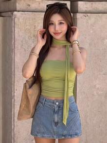 Top Dazzle Chic Women's Green Backless Cropped Tube Top, Sleeveless Knit Tank Top, Suitable For Spring And Summer - Green - View 3