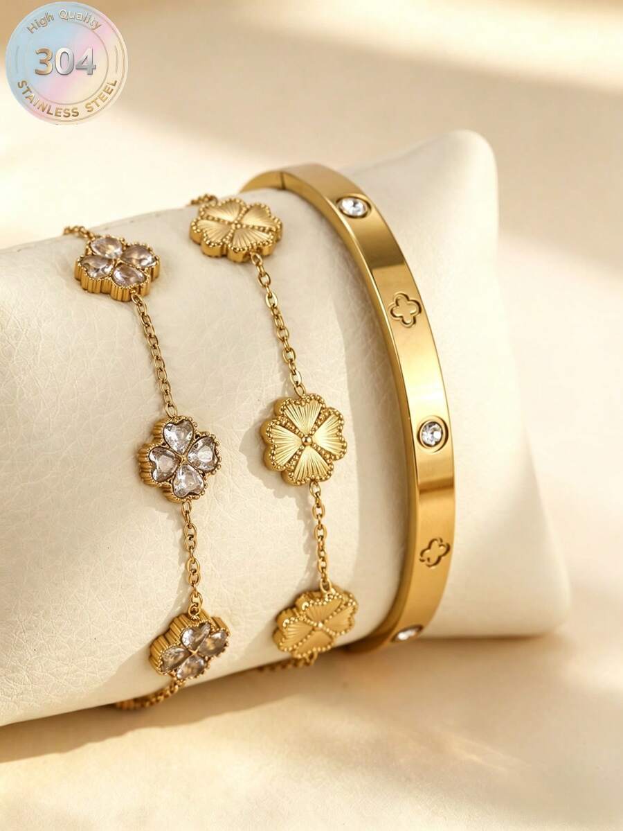 1/3pcs Clover Stack Crystal-Set & Textured Petal Bracelets Minimalist ...