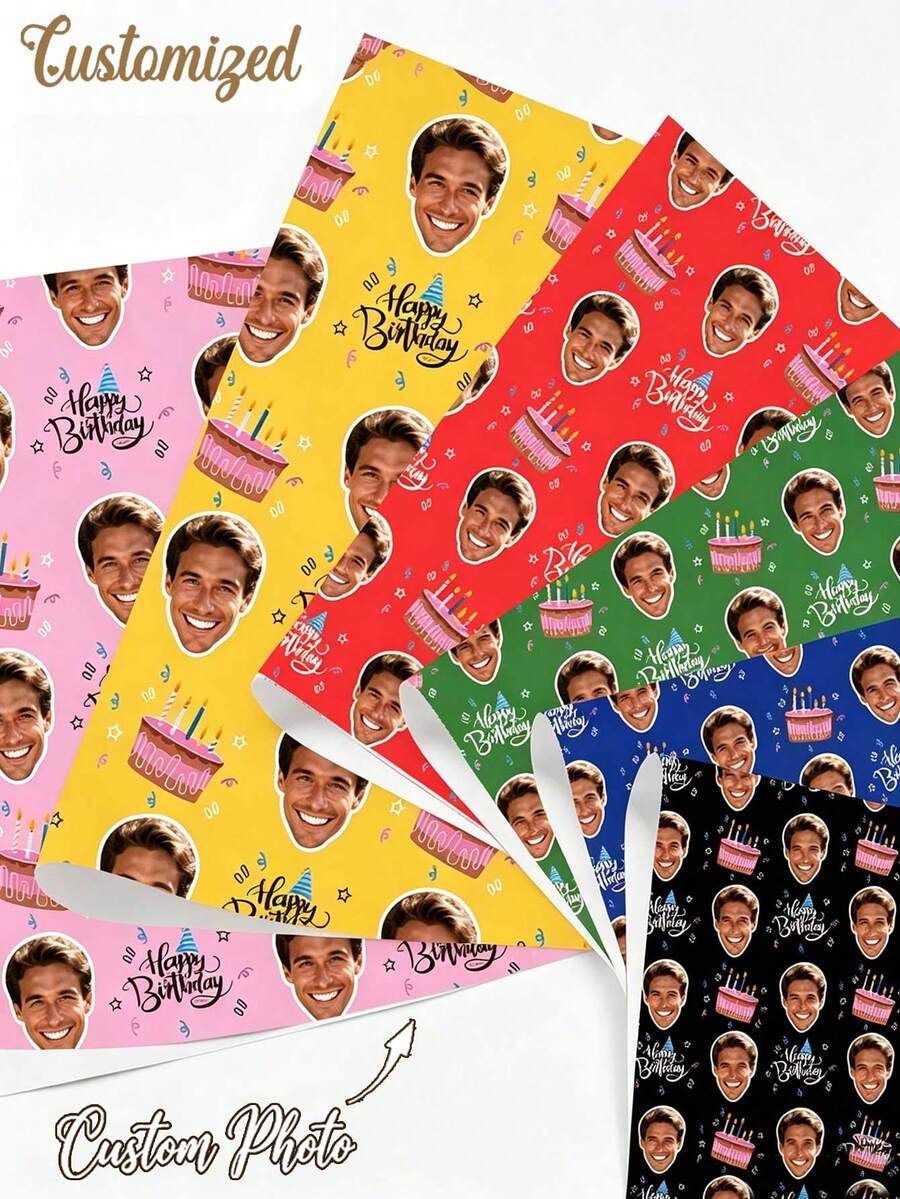 Custom Photo Birthday Wrapping Paper, Suitable For Birthday Cake Patterns, Personalized With Your Photos, Multiple Colors Available, Durable Paper Material, Perfect For Milestone Parties And Party Decoration Gift Wrapping - Multicolor - View 1