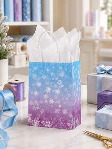 10/5/1pc Winter Snowflake Gift Bags, Blue-Purple Gradient Snowflake Gift Bags With Tissue Paper, Holiday Kraft Paper Handheld Party Favor Bags, Suitable For Christmas, Birthday, Wedding Celebration - Multicolor - View 6