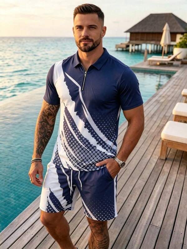 1 Set Men's Stylish Zipper Polo Shirt And Shorts