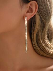 1 Pair Minimalist Blue Rhinestone Tassel Earrings Suitable For Women's Party, Evening Banquet, Stage Performance, Music Festival And Other Occasions - White - View 6