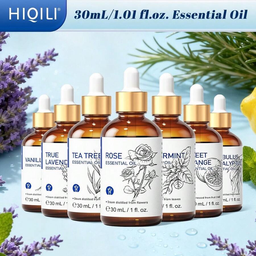 HIQILI 薰衣草玫瑰茉莉精油 30mL/1.01 Fl.Oz. 純淨尤加利茶樹廣藿香油，適用於皮膚與頭髮護理、按摩、身體放鬆、沐浴，亦可用於 DIY 蠟燭與手工皂製作、香氛擴香機、空氣淨化器、禮品、飯店、臥室、居家香氛
