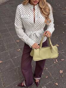 Spring/Summer Polka Dot Cinched Waist Long Sleeve Blouse, Stand Collar Pocket Slim Fit, Versatile Top For Office, Business, Commuting And Dating - Multicolor - View 2