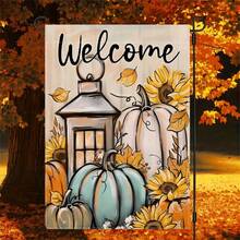 1pc Autumn Home Decor Welcome Garden Flag, Watercolor Harvest Pumpkin & Floral Design, Autumn Decoration | Garden Decor - Double-Sided Printed Polyester Stiff Fabric With Hemmed Edges, Seasonal Outdoor Holiday Decoration, Machine Washable, 12x18 Inches - A - View 1