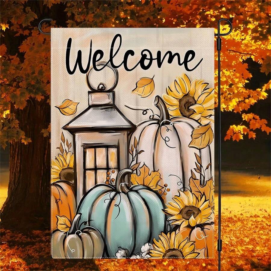 1pc Autumn Home Decor Welcome Garden Flag, Watercolor Harvest Pumpkin & Floral Design, Autumn Decoration | Garden Decor - Double-Sided Printed Polyester Stiff Fabric With Hemmed Edges, Seasonal Outdoor Holiday Decoration, Machine Washable, 12x18 Inches - A - View 1