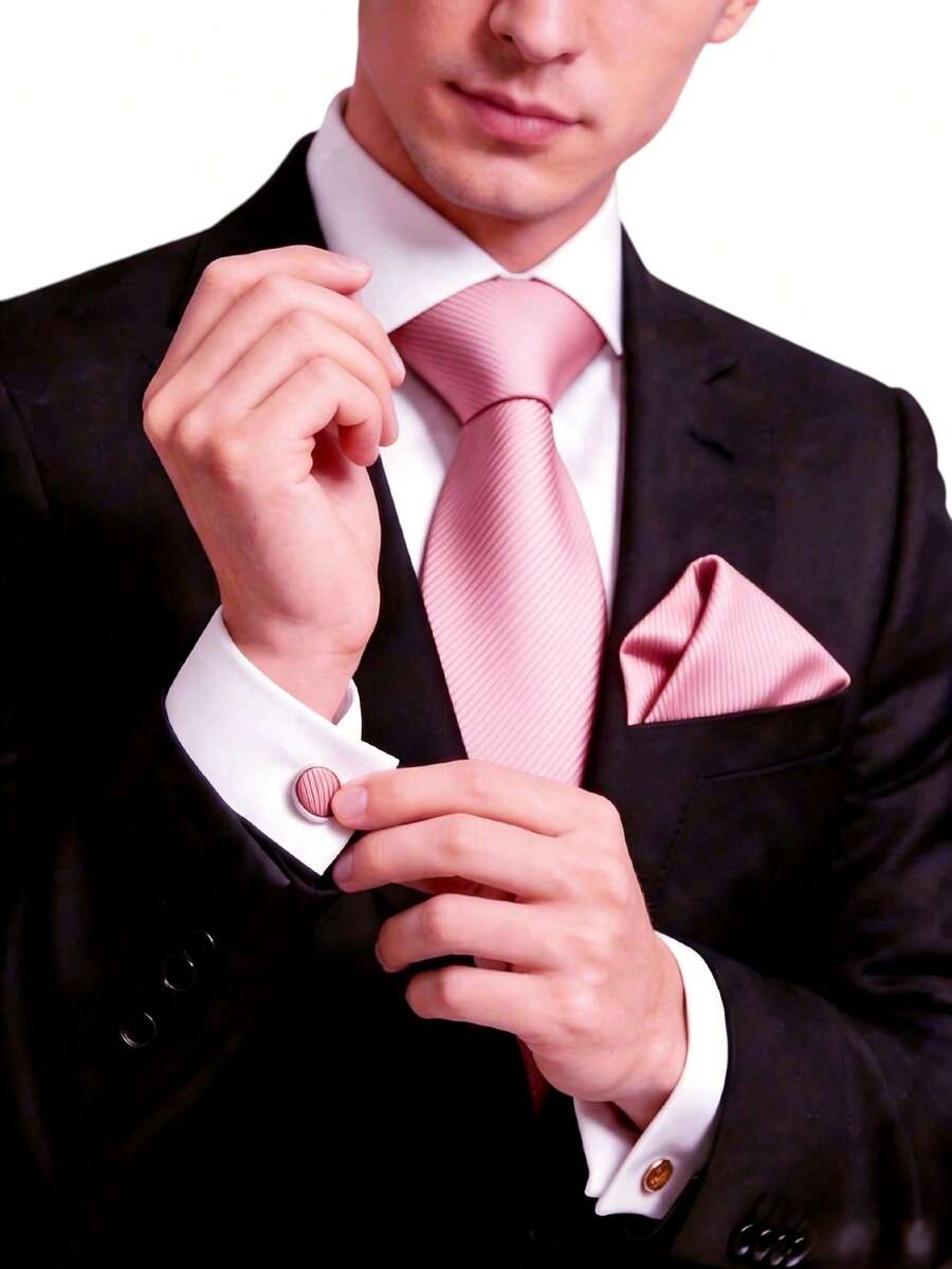 1 Set Dasi Pria Bertekstur 8cm, Sapu Tangan Saku, dan Manset, Cocok untuk Pertemuan Bisnis, Pesta Pernikahan, dan Pesta Pengantin. - Baby Pink - View 1