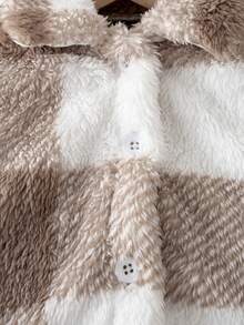 Baby Girls Winter Clothes 3-Piece Set Solid Color Ribbed Slim Fit Outfit + Plaid Fuzzy Collar Jacket - Apricot - View 8