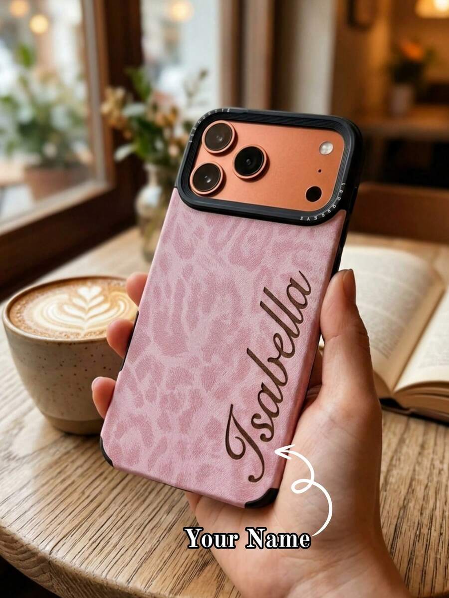 Pink Leopard Print Custom Gold Foil Initial Letter Pattern Phone Case, Personalized Custom Letter Shockproof Faux Leather Protective Cover, Compatible With IPhone 18 17 16 15 14 13 12 11 Pro Max Plus, Luxury Phone Accessory, Suitable For Women And Men, Mother's Day Father's Day Graduation Anniversary Wedding Holiday Gift