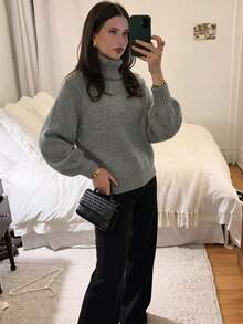 女款休閒秋冬純色灰色高領長袖落肩套頭毛衣/日常辦公通勤穿搭 - 灰色 - 查看 3