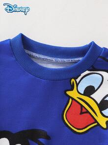 Disney 2-Piece Set Autumn/Winter Mickey & Donald Duck Cute Long Sleeve Sweatshirt And Solid Color Pants Outfit, Cartoon Pattern, Slightly Elastic, Suitable For Baby Newborn Daily Wear, Great Gift - Blue - View 3