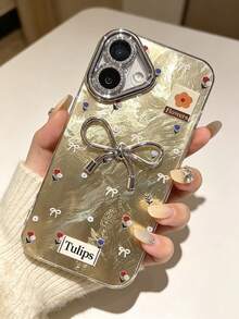 1pc Premium Red Fashion Floral Metal 3D Bow Phone Case - Precise Camera Hole Protection Soft Shell Compatible With Apple 11/12/13/14/15 Plus/16 Pro Max/17 Pro Max - Light Yellow - View 3