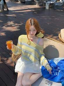 Atmospheric Gentle Korean Style, Bestselling Striped Knit Cover Up, Round Neck Short Hollow Knit Sweater, Spring/Autumn, Loose Collarbone Design Fall - Yellow - View 5