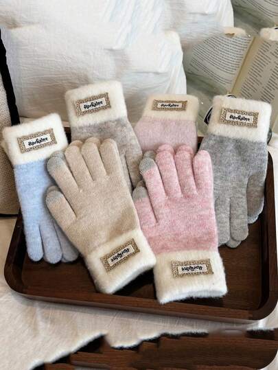 1 Pair Women's Touchscreen Knitted Gloves, Thermal Lined Warm Gloves, Contrast Color Plush Ribbed, Label Decor, Soft Windproof, Suitable For Winter Outdoor, Driving, Cycling, Daily Commute, Women's Winter Warm Hand Accessory
