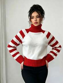 Women's Classic Red & White Colorblock High Neck Knit Sweater, Raglan Sleeves, Horizontal Stripes, Ribbed Cuffs & Hem, Loose Fit, Soft & Warm Pullover Top, Casual Everyday Wear For Autumn/Winter - Red and White - View 3