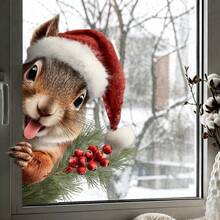 1pc Reusable Christmas Squirrel Window Sticker, Double-Sided Visible PVC Static Cling Glass Decal, Suitable For Kitchen, Bedroom, Office, Bathroom And Home Decor - Window Stickers - View 5