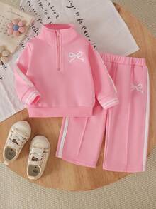 2pcs Baby Girl Spring/Autumn Casual Bow Print Pink Long Sleeve Sweatshirt & Long Pants Thin Sporty Set - Pink - View 2