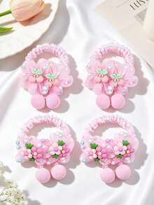 4pcs Girls Pink Flower Pom Pom Pendant Cute Hair Ties Suitable For Daily Use - Multicolor - View 6