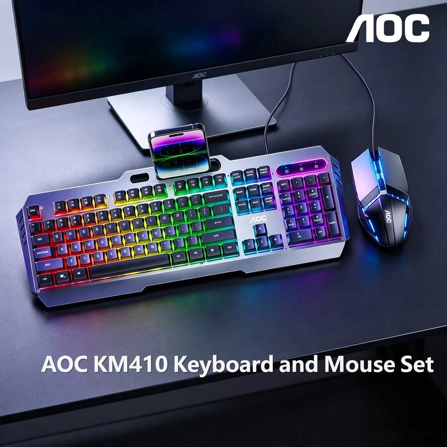 AOC KM410 Wired Gaming Keyboard And Mouse Set, Mechanical Feel, 104 Keys, Office Computer Keyboard Set, Metal Panel, Ergonomic Design - View 1