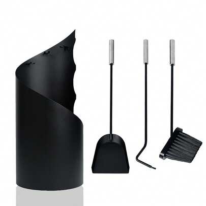 4‑teiliges Kaminbesteck Set aus Edelstahl, Modern Kamin Zubehör mit Ständer, Schaufel, Haken, Bürste für Innenkamin, Feuergrill, Schwarz