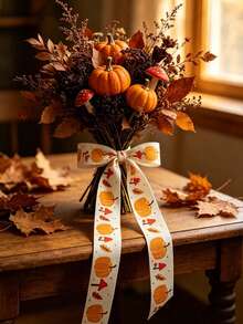 10Yards Autumn Pumpkin And Maple Leaf Print Fabric Ribbon, Halloween DIY Decorative Ribbon; Halloween Gift Wrapping Ribbon, Halloween Floral Decoration Ribbon, Halloween Scene Decoration, Halloween Atmosphere Decoration Supplies, DIY Enthusiasts - Multicolor - View 8