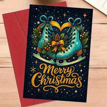 1 Greeting Card + 1 Envelope Elegant Christmas Greeting Card, Ice Skates With Pine Cones Merry Christmas, Suitable For Friends, Winter Holiday Artistic Style Card. - Single Piece - View 10