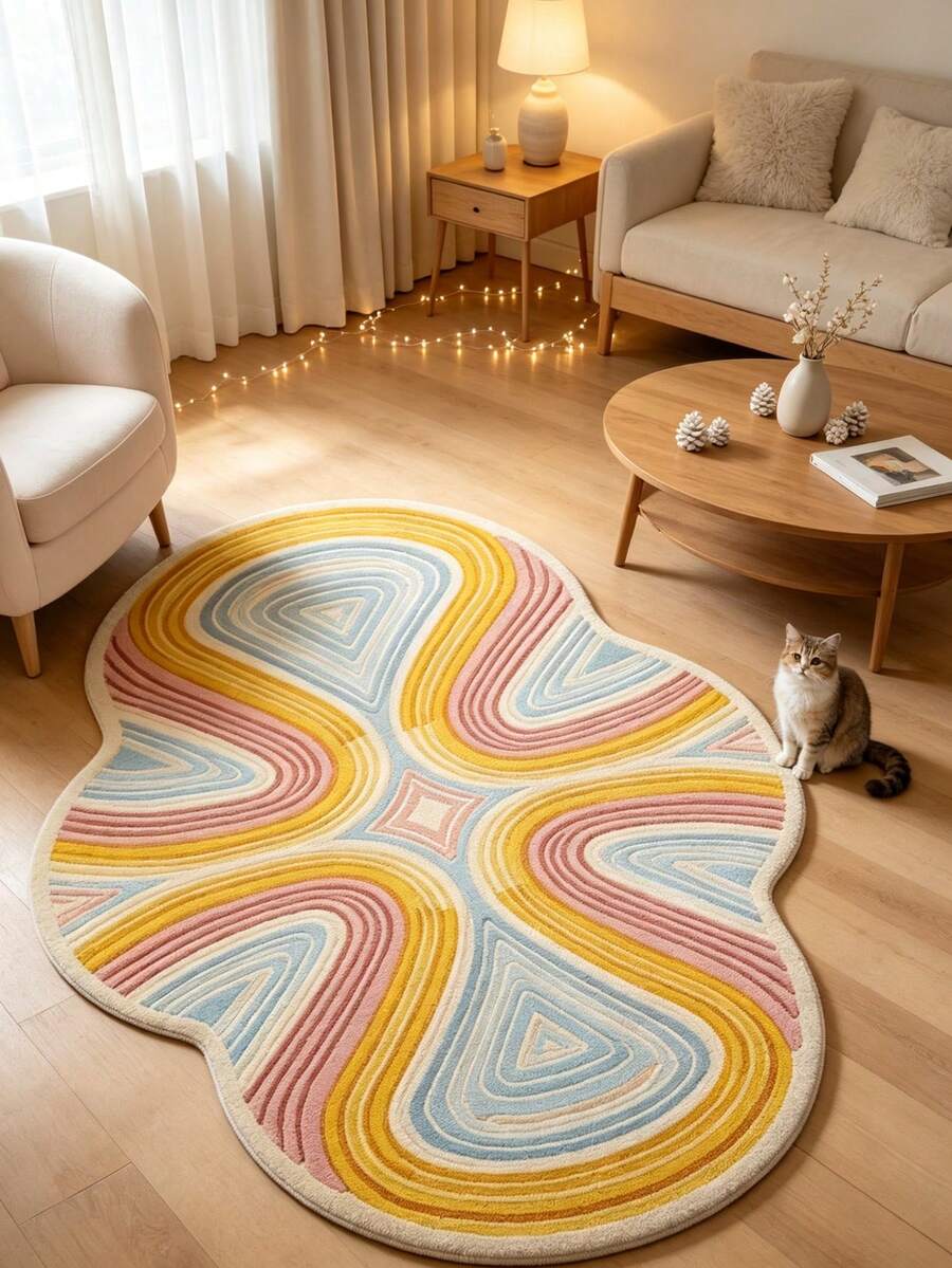 1pc Pink Yellow Blue Streamline Decorative Rug, Bedroom Decor, Small Rug, Carpet, Home Decor, Living Room Rug, Living Room Small Rug, Bedroom Rug, Living Room Home Decor, Outdoor Rug, Washable Rug, Graduation Gift - Pink, Yellow, Blue Streamline - View 1