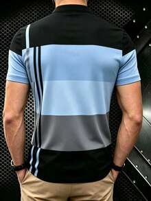 Summer Vintage Men's Shirt, Ultra-Fine Fiber Printed Short Sleeve Casual Crew Neck Button Loose Fit Men's Patchwork T-Shirt Plaid Top Streetwear Style - Dusty Blue - View 4
