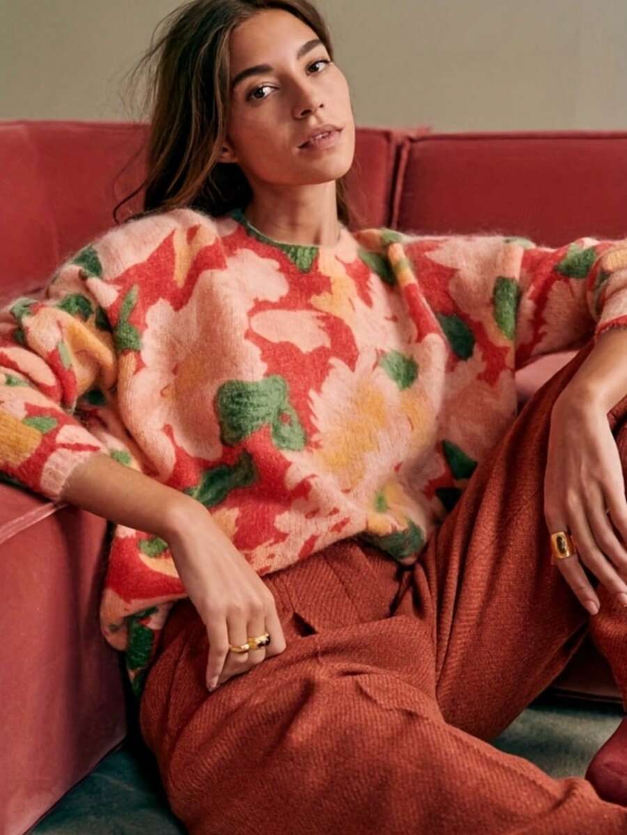 French Fresh Floral Print Round Neck Pullover Sweater Knit Top For Women - Flower - View 1