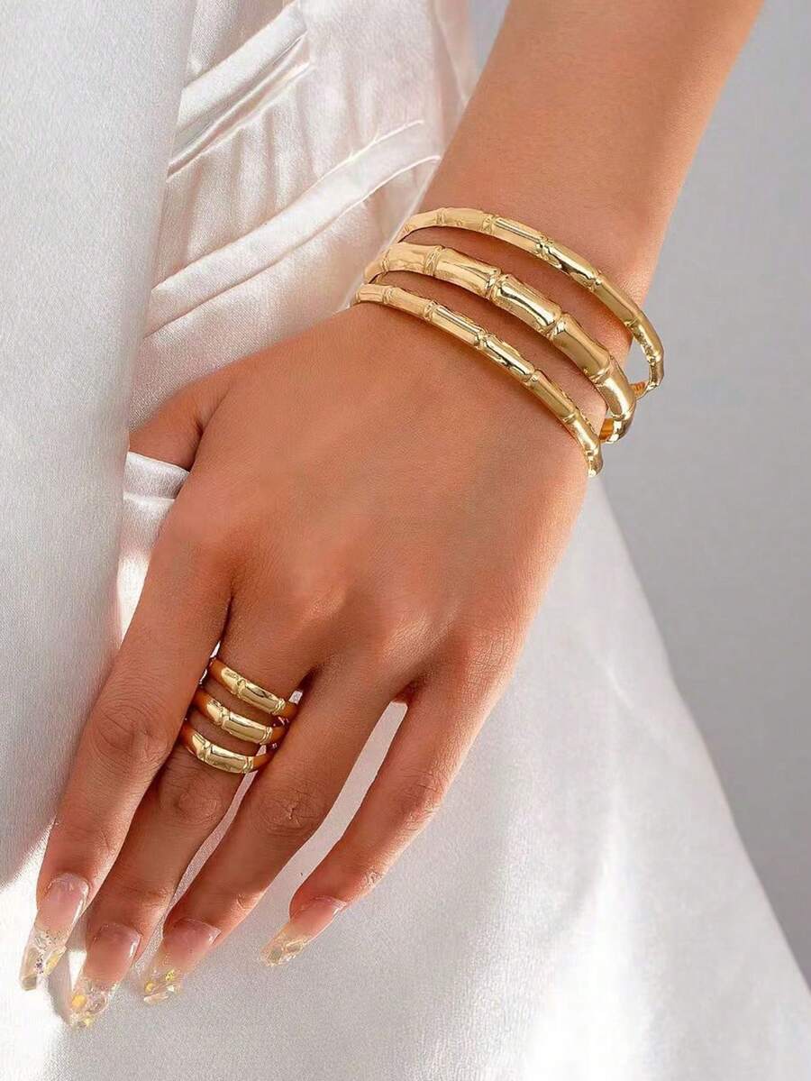 1 Set European And American Fashion Exaggerated Creative Metal Smooth Geometric Hollow Three-Layer Adjustable Bracelet + 1 Charming Ring Jewelry Set, Suitable For Women's Evening Party/Cocktail/Vacation Wear, Holiday Gift - Bamboo-shaped Golden Yellow - View 1