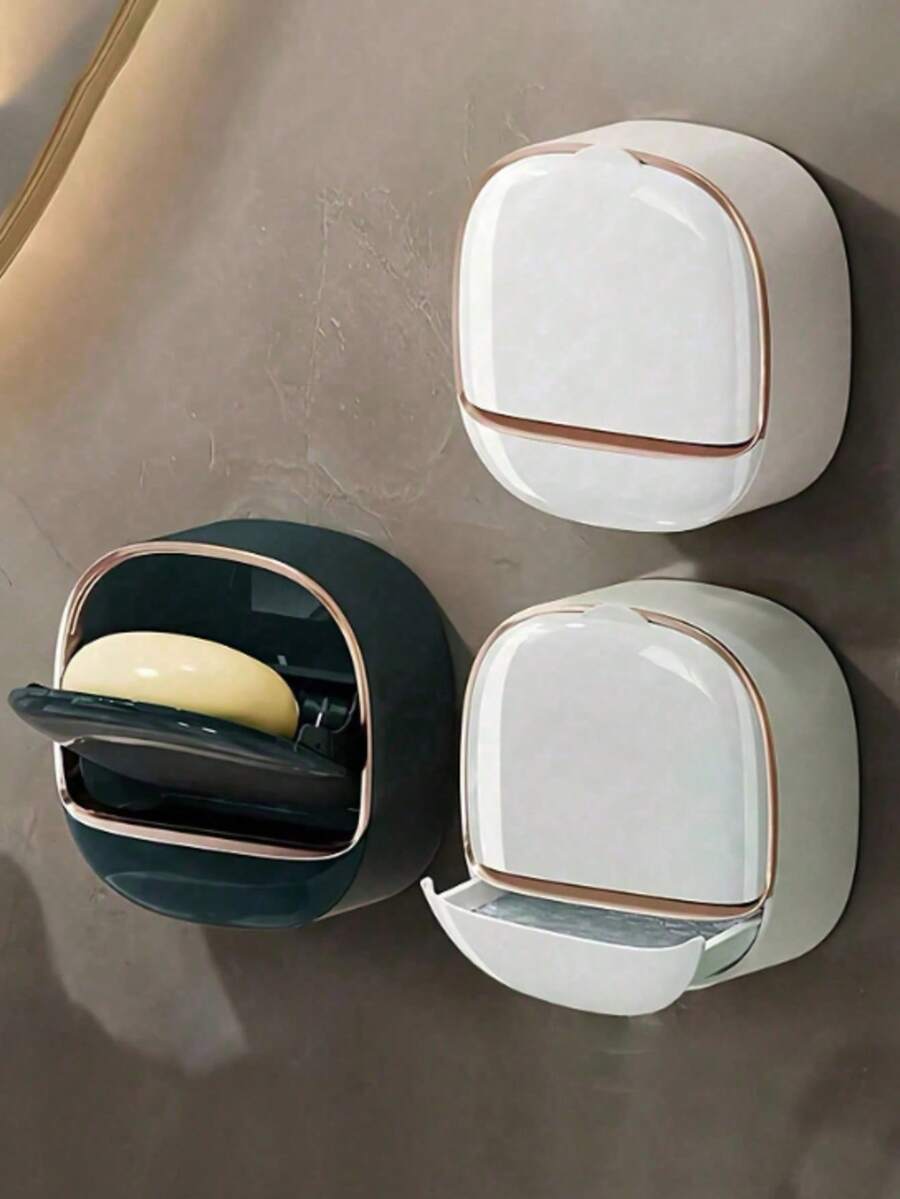 1/2pcs Modern Minimalist Premium Thickened Plastic Wall-Mounted Soap Holder, Gold Frame Flip Lid Design, Waterproof Drainage Soap Dish, Bathroom Storage Accessory For Shower, Kitchen, Vanity, Indoor Home Decor