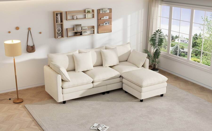 Chaise Lounge Beige Made Of Chenille For Living Room And Relaxation Area - 米色三座 - 查看 1