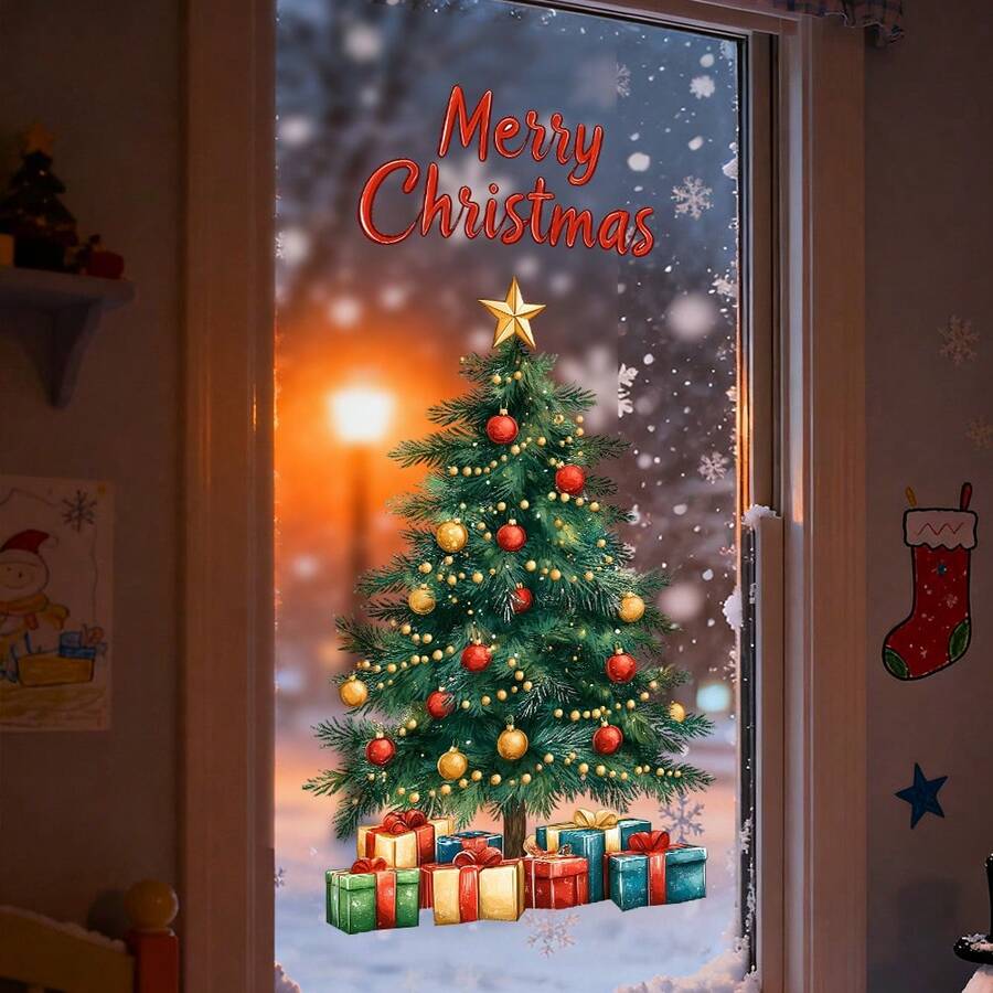 1/2pcs Christmas Tree Static Window Stickers, Christmas Ribbon Tree Gift Box Snowflake Window Film Decals, Reusable Christmas Home Decor, Holiday Winter Glass Decoration, Suitable For Living Room And Store Window Display