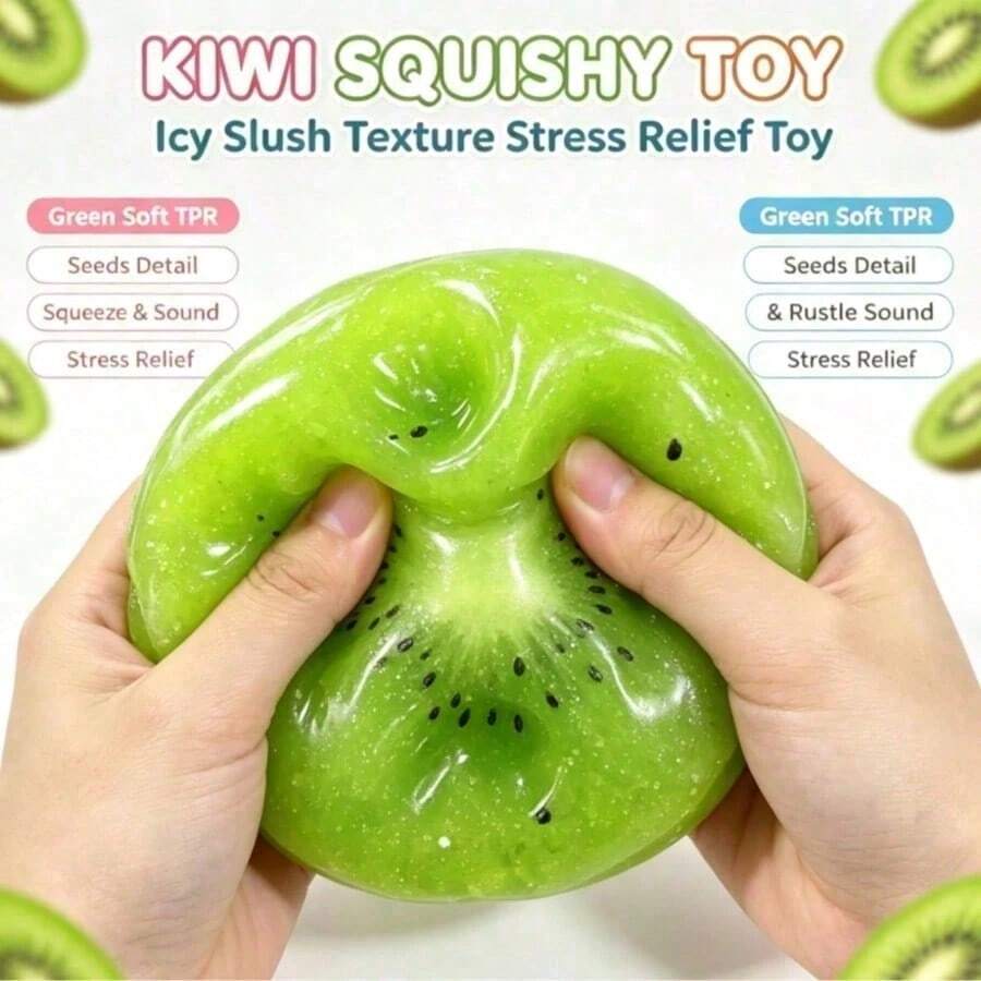 1pc Squishy>Frozen Kiwi Smoothie Squeeze Toy, Slow Rebound Handmade Ball, Bright Green With Black Seed Dots, Round Shape, Glossy Watery Texture; Stress Relief And Emotional Soothing; Suitable For Birthday Parties, Home, Office, Campus, All-Season Daily Use