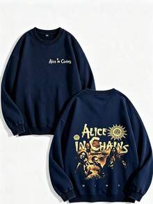 Unisex Y2K "Alice In Chains - Misfit Rock Band" Graphic Cotton Hoodie, Retro Casual Fashionable Daily Soft Warm Hoodies For Streetwear - 藏青色2 - 查看 1