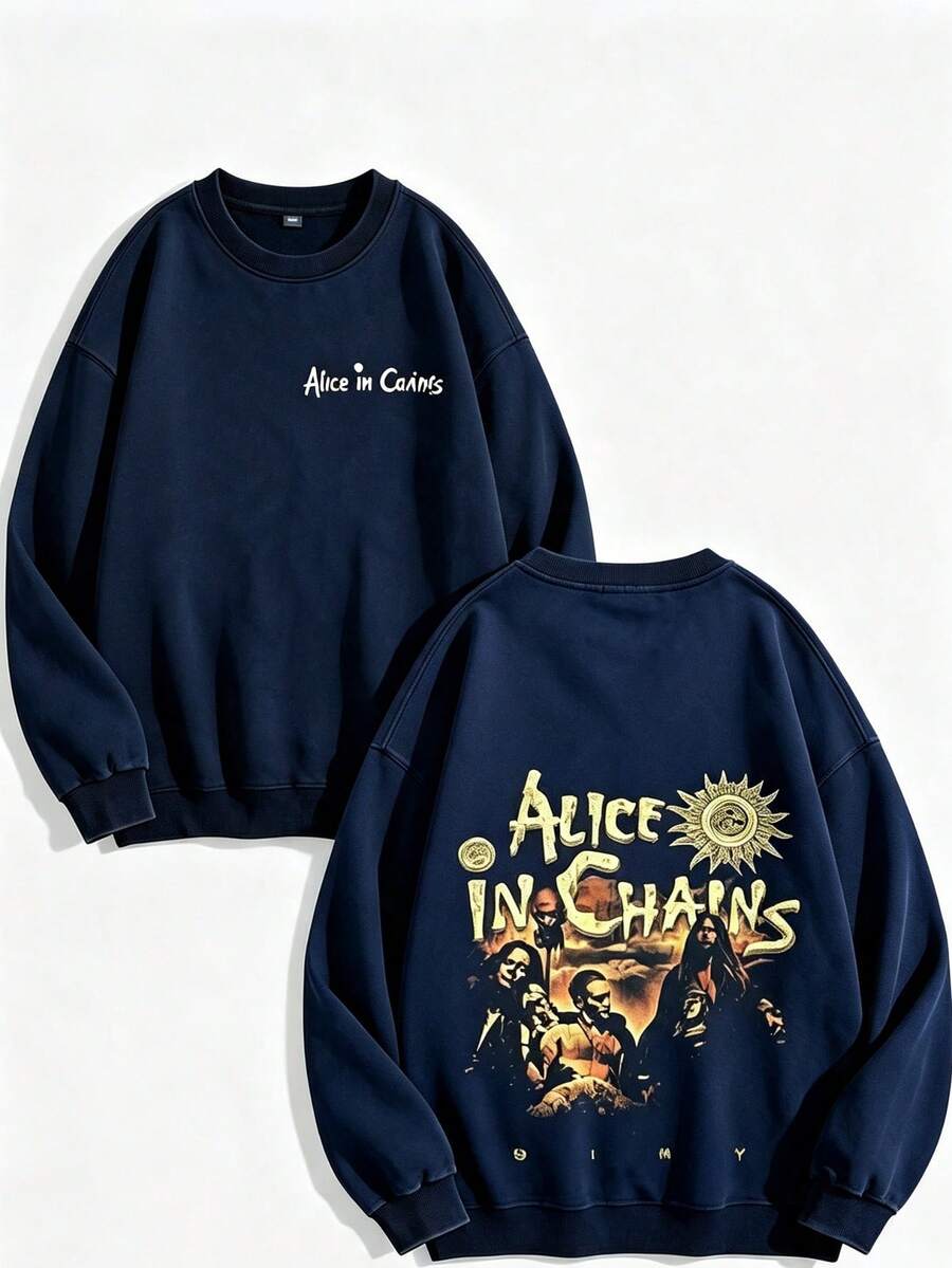 Unisex Y2K "Alice In Chains - Misfit Rock Band" Graphic Cotton Hoodie, Retro Casual Fashionable Daily Soft Warm Hoodies For Streetwear - 藏青色2 - 查看 1