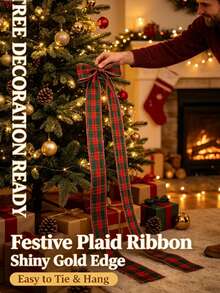 Red And Green Plaid Ribbon With Luxurious Gold Trim Pattern, Suitable For Gift Wrapping, Holiday Celebrations, Making Bows, Wreaths And Other DIY Crafts - Multicolor - View 4