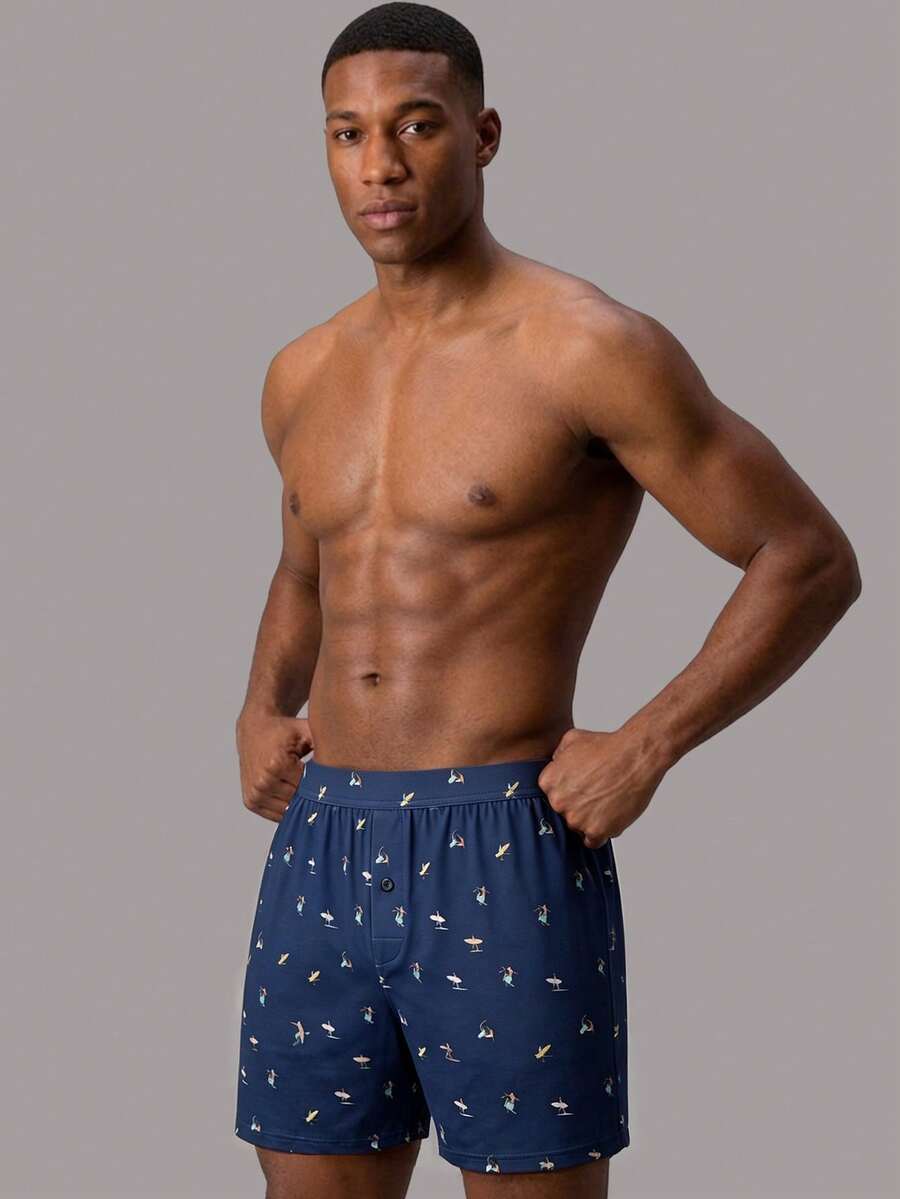 1pack Men's Underwear, Soft And Comfortable Printed Pattern Design Loose Corner Shorts, With Button Placket, Suitable For Daily Wear, Vacation Travel - Multicolor - View 1