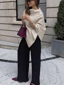 Fashion Solid Color Ribbed Shawl Collar Sweater For Daily Wear In Autumn/Winter - Apricot - View 1