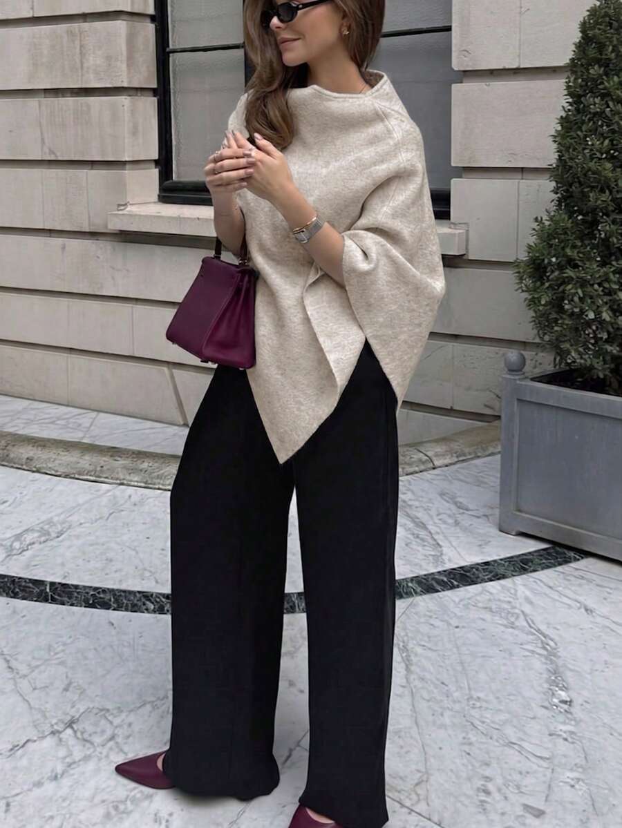 Fashion Solid Color Ribbed Shawl Collar Sweater For Daily Wear In Autumn/Winter - Apricot - View 1